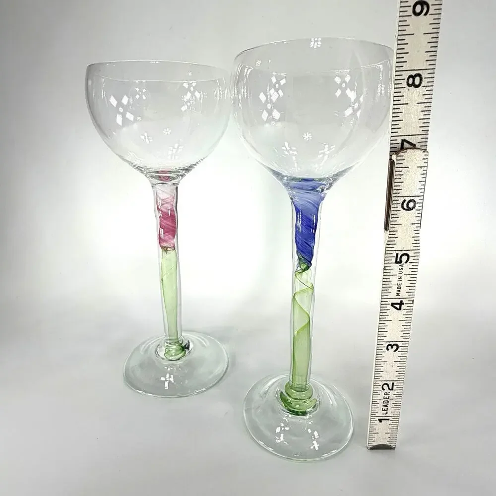 Set 2 Chris Baker Salmon Art Glass Wine Glass Pink Blue Swirl Signed 8.5